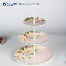 Western Design Daily utilisé Support de gâteau en porcelaine rose à trois couches, plaque de gâteau aux fines céréales
